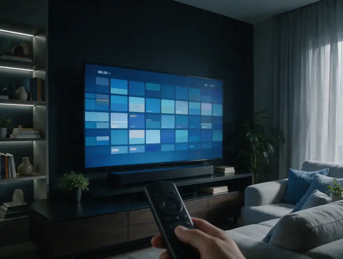 Tv-gids in een IPTV player zoals TiviMate op een groot tv-scherm, met een afstandsbediening in de hand